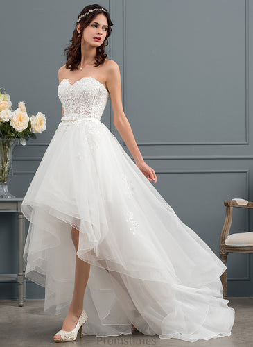 A-Line With Lace Wedding Coral Satin Sequins Asymmetrical Tulle Sweetheart Dress Bow(s) Wedding Dresses Beading