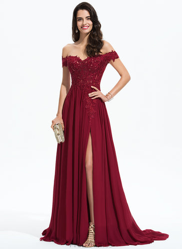 Chiffon With A-Line Train Prom Dresses Sweep Sequins Off-the-Shoulder Makaila