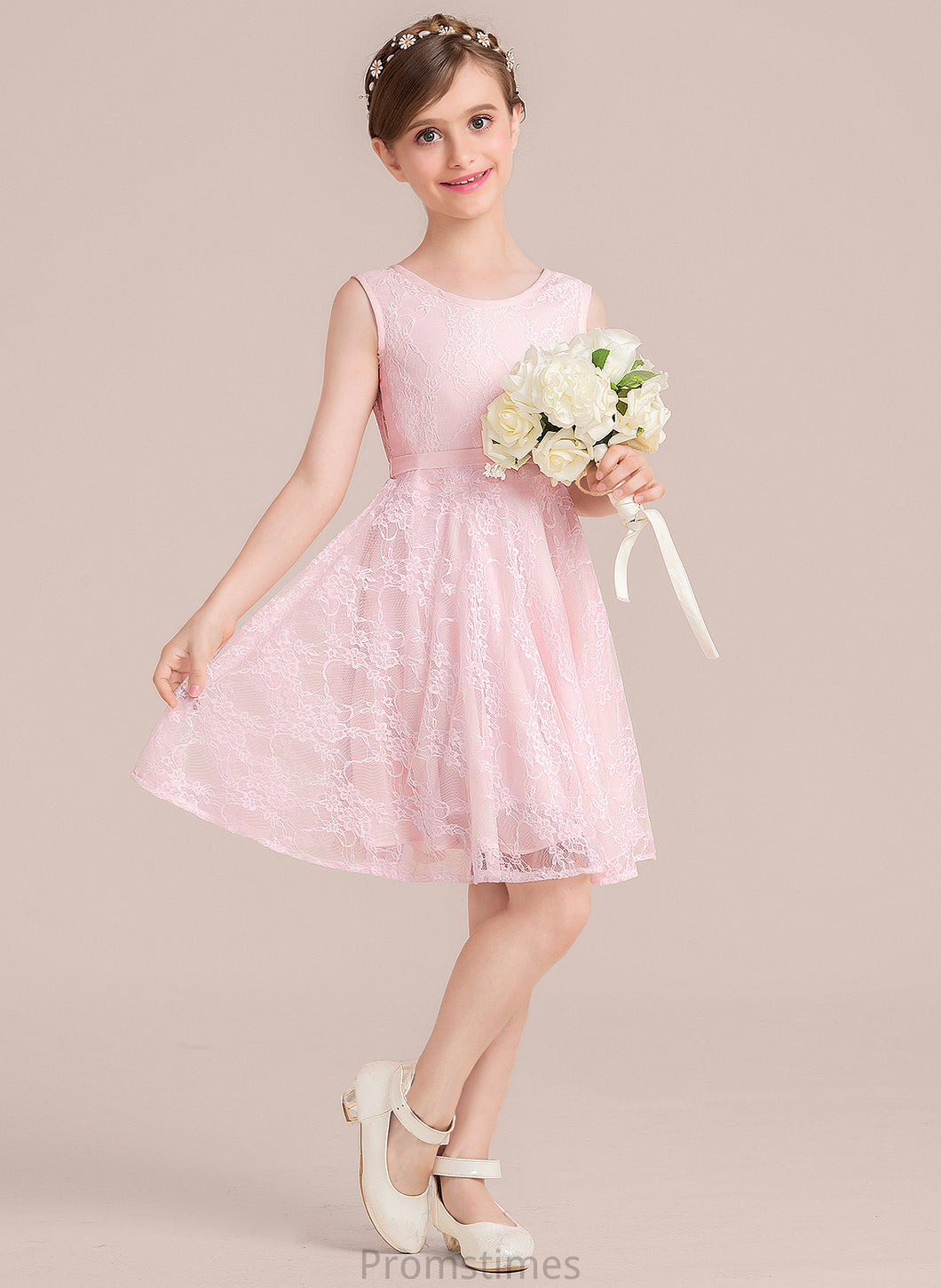 Kaitlin Bow(s) A-Line With Knee-Length Lace Neck Junior Bridesmaid Dresses Scoop Sash