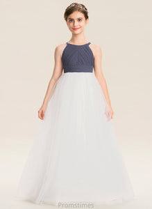 With Tulle Ruffle Neck Scoop A-Line Hana Floor-Length Junior Bridesmaid Dresses Chiffon