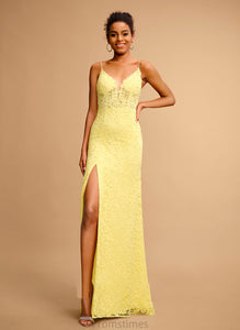 With V-neck Floor-Length Karissa Prom Dresses Sheath/Column Beading Lace