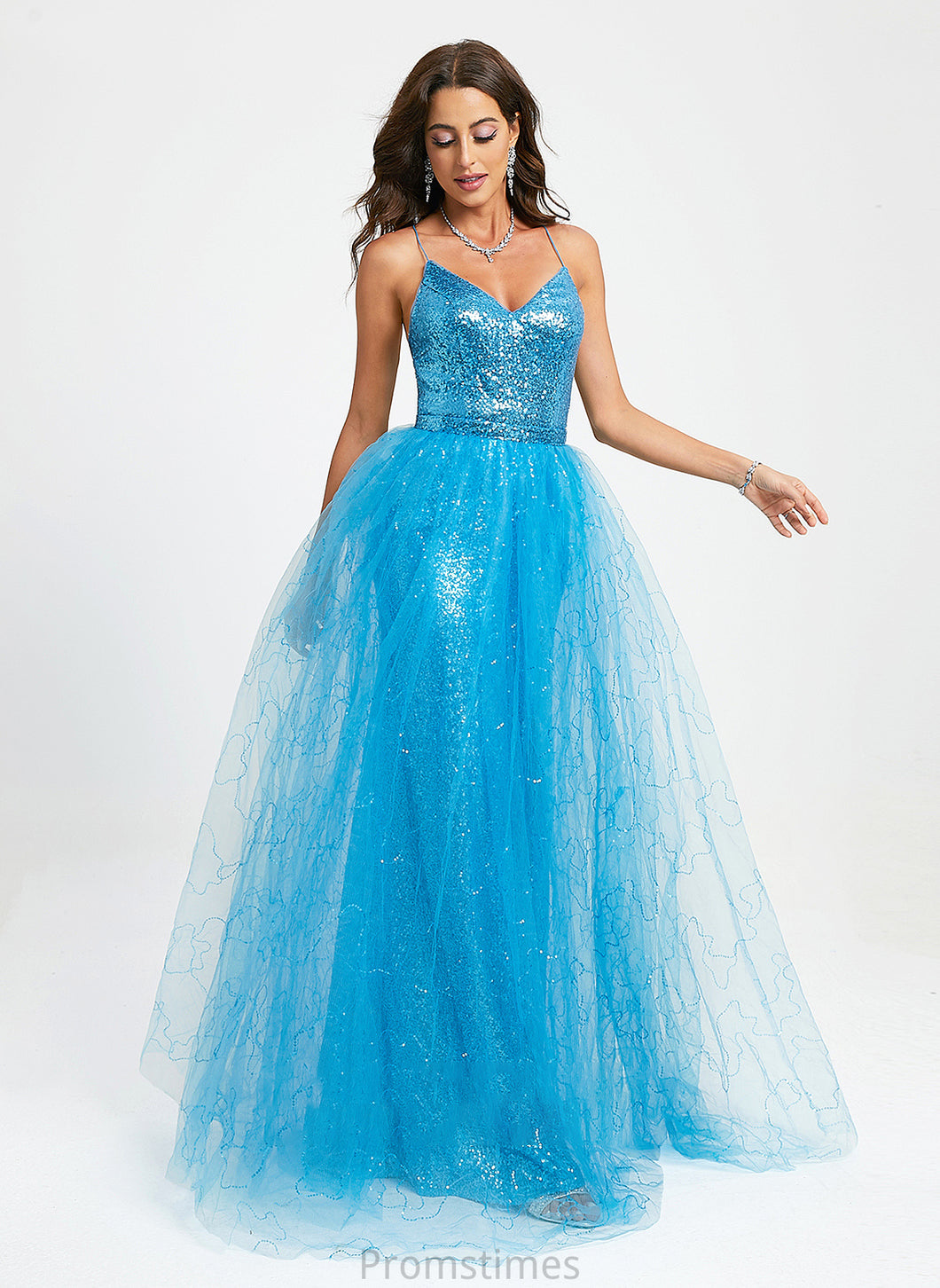 V-neck Prom Dresses Alivia Sequins Ball-Gown/Princess Tulle With Floor-Length