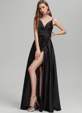 Load image into Gallery viewer, A-Line Satin Prom Dresses With Floor-Length V-neck Split Ruffle Sheila Front