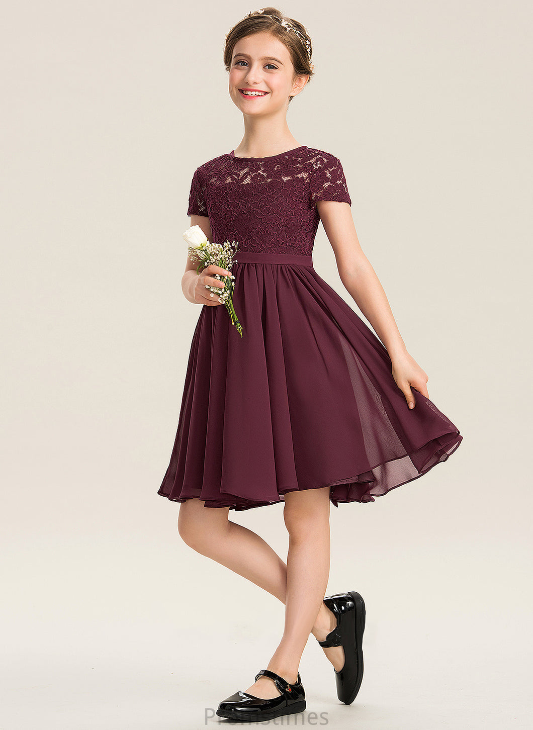 With Neck Junior Bridesmaid Dresses Chiffon A-Line Knee-Length Scoop Mignon Lace Bow(s)