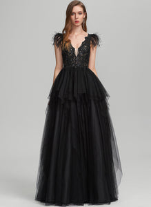 Sequins With Prom Dresses V-neck Floor-Length Feather Tulle Ball-Gown/Princess Chasity