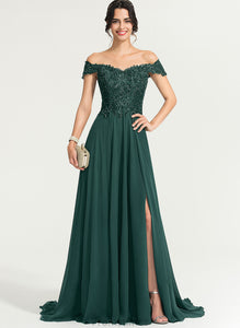 Off-the-Shoulder Chiffon Sequins With Train Front Sweep Split Prom Dresses A-Line Hailey