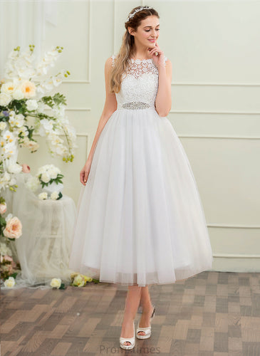 Ball-Gown/Princess Dress Tea-Length Sequins Monique Tulle Lace Wedding Beading Scoop With Wedding Dresses Neck Satin