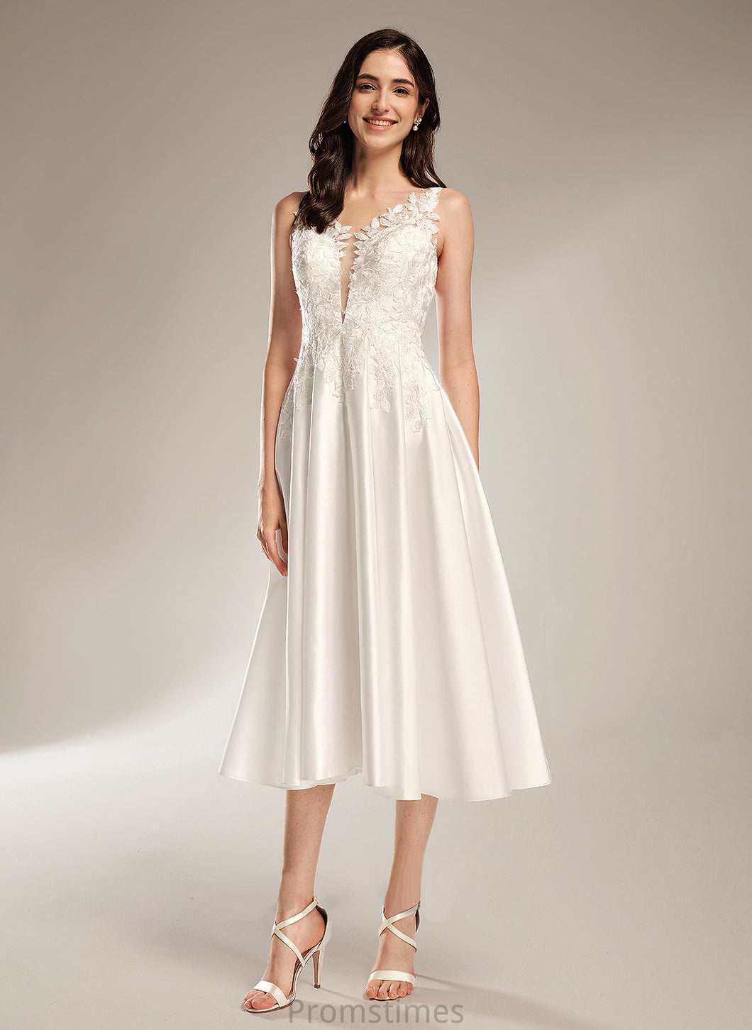 Dress A-Line Wedding With Tea-Length Ingrid Pockets V-neck Wedding Dresses