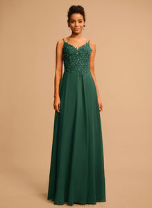 Prom Dresses Beading Floor-Length Sequins A-Line Chiffon Lace Faith With V-neck