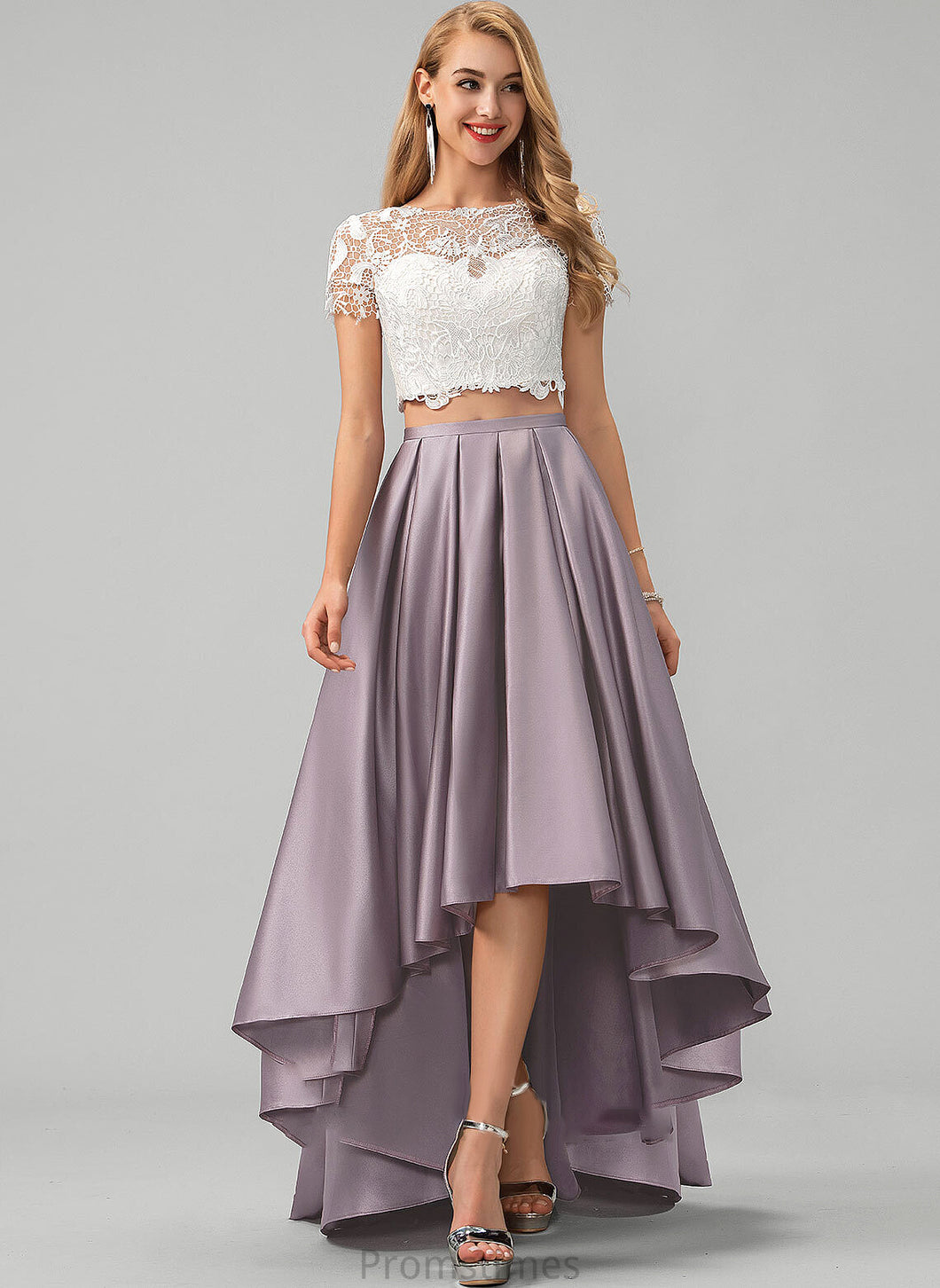 Scoop Meredith Asymmetrical Prom Dresses Neck With Pockets A-Line Satin Lace