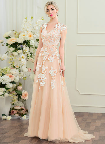 Wedding Dresses Tulle Sweep Train A-Line Mariana Dress Lace V-neck Wedding