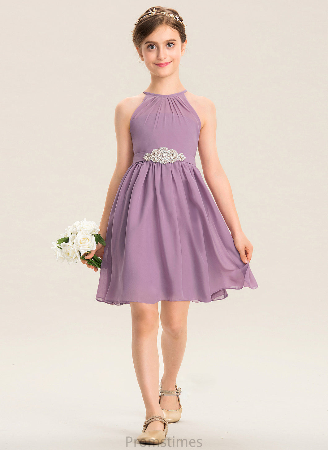 Knee-Length Junior Bridesmaid Dresses Beading A-Line Neck Ruffle Chiffon Lilly With Scoop