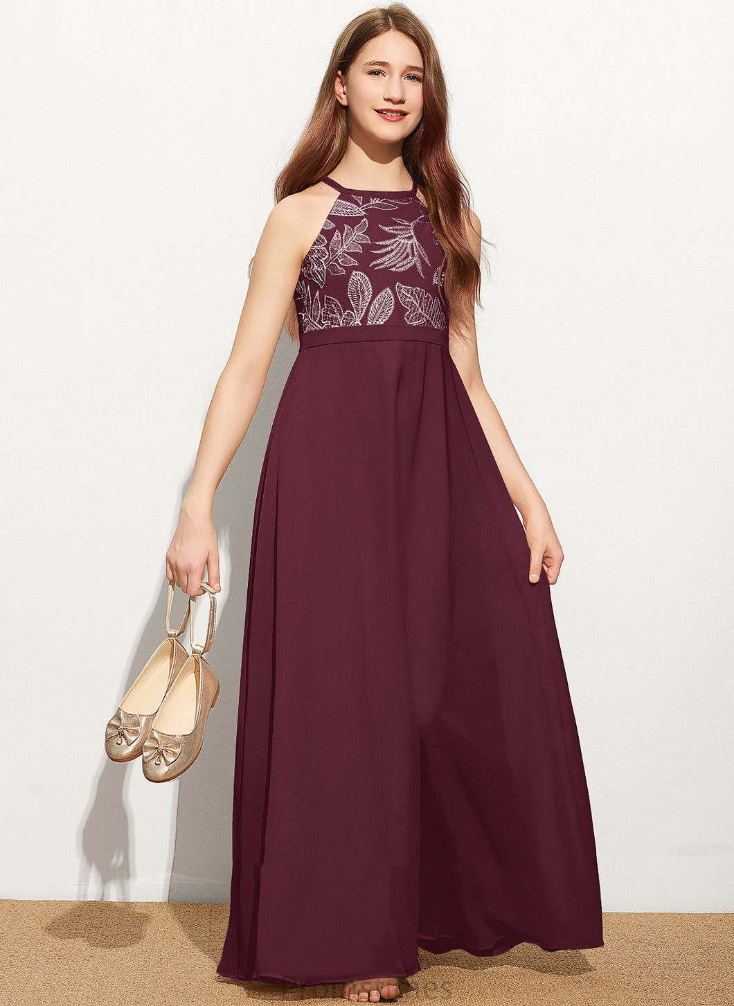 Chiffon Neck With Floor-Length Lace Junior Bridesmaid Dresses Bryanna A-Line Bow(s) Scoop