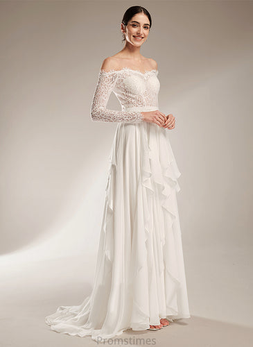 Lace Train Off-the-Shoulder A-Line Court Viola Dress Ruffle With Wedding Chiffon Wedding Dresses