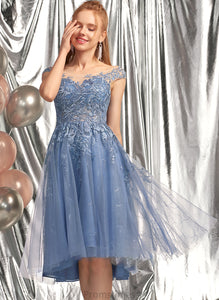 Tulle Neck Asymmetrical A-Line Prom Dresses Scoop With Kendall Sequins