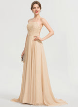 Load image into Gallery viewer, Chiffon Prom Dresses Train Neckline Sweep Mia A-Line With Square Sequins Beading