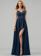 Load image into Gallery viewer, Front Split With Ruffles Satin Prom Dresses A-Line Cascading Floor-Length Evelyn V-neck