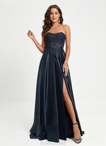 Lace A-Line Satin Sweetheart With Carina Sweep Train Prom Dresses