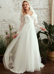 Dress Sequins Wedding V-neck Hazel Beading Train Wedding Dresses With Sweep A-Line