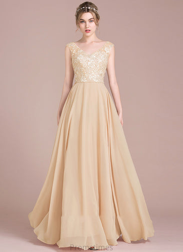 A-Line Nathaly V-neck Lace Prom Dresses Floor-Length Chiffon