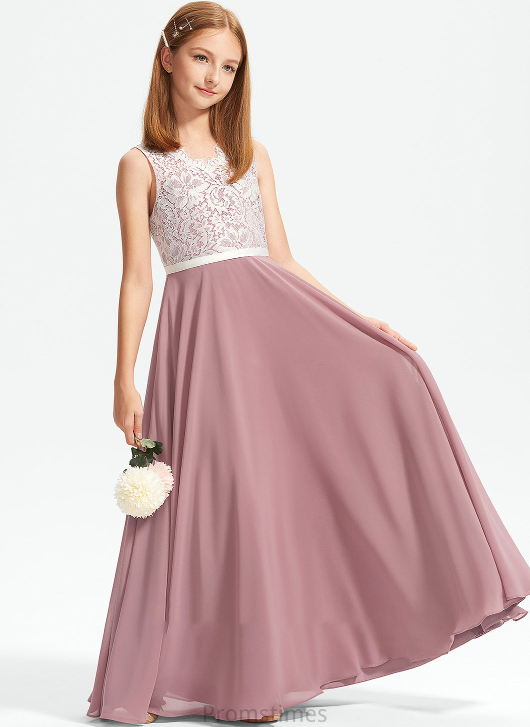 Magdalena Chiffon Lace Floor-Length V-neck A-Line Junior Bridesmaid Dresses