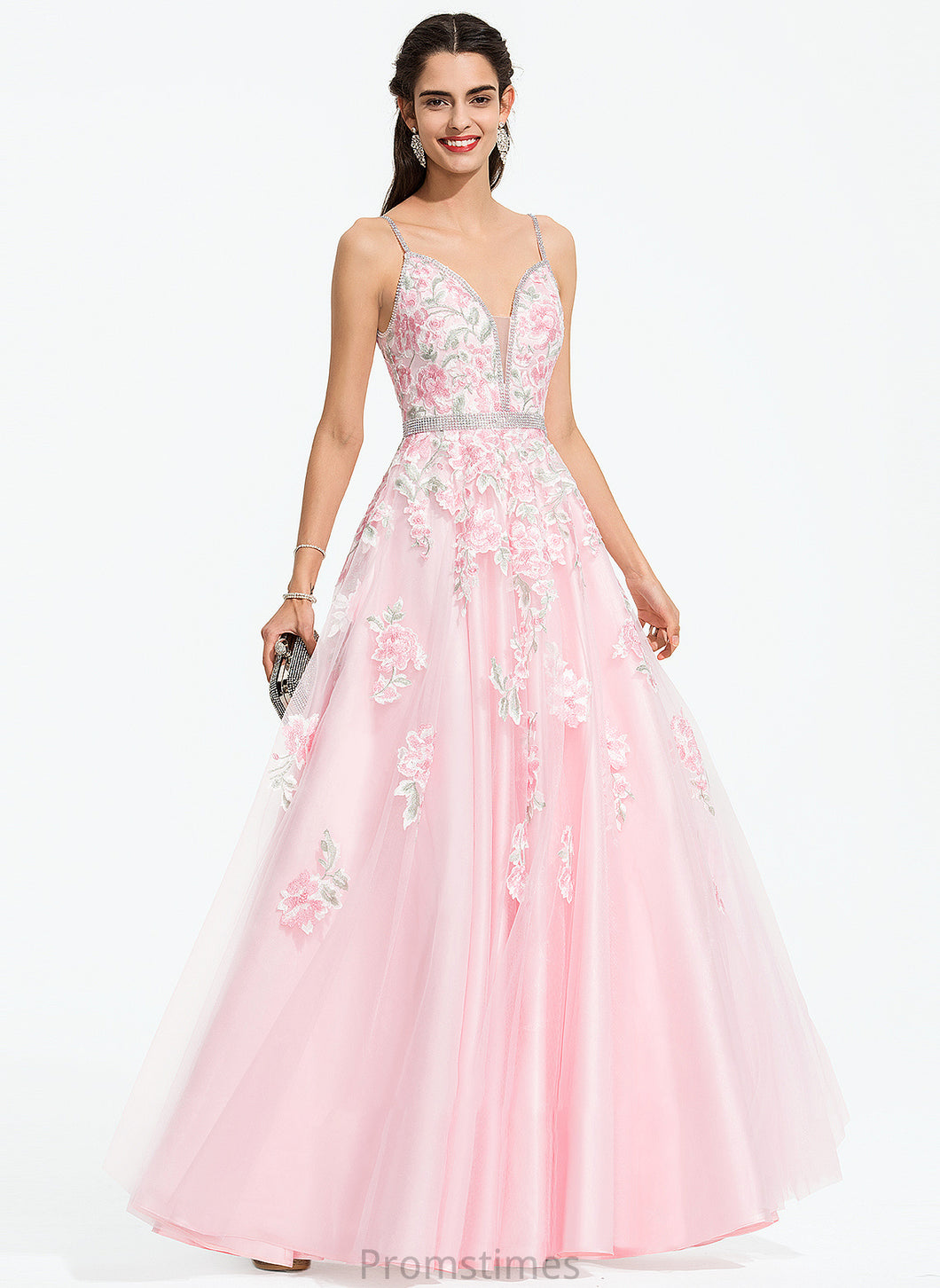 Ball-Gown/Princess Tulle Vicky V-neck With Prom Dresses Floor-Length Beading Sequins