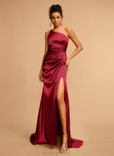 Load image into Gallery viewer, With Emery Sheath/Column Sweep Satin Split One-Shoulder Prom Dresses Front Pleated Train