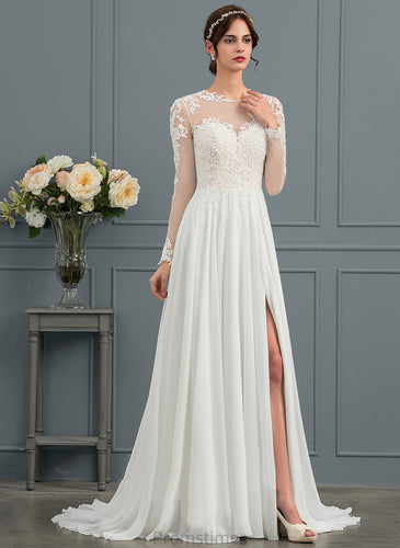 Train Sweep Split Chiffon Appliques Jamiya With Tulle Wedding Wedding Dresses Front Lace A-Line Illusion Dress