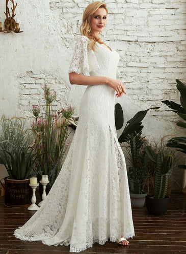 Sheath/Column Split Dress Front With Train Hilary Wedding Lace Wedding Dresses Sweep V-neck