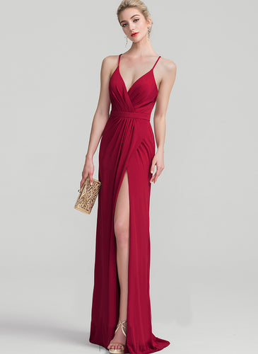 Floor-Length Prom Dresses Sheath/Column V-neck Jersey Pleated With Hayley