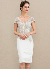 Load image into Gallery viewer, Sheath/Column V-neck Knee-Length Wedding Dresses Raven Lace Satin Dress Wedding