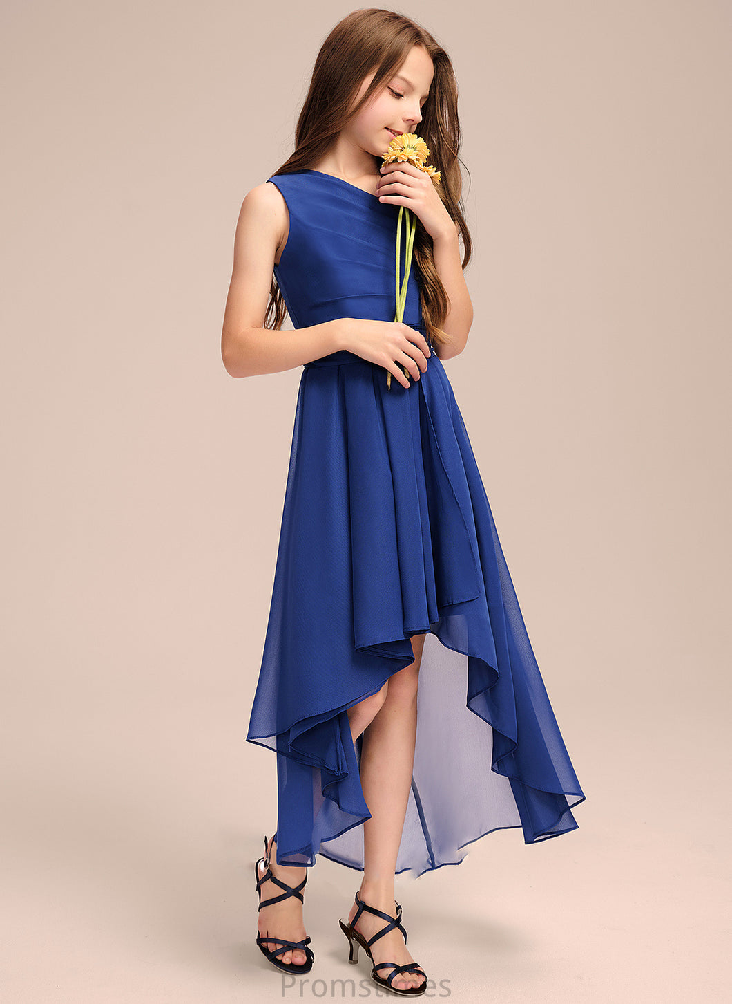 A-Line One-Shoulder Asymmetrical Bow(s) Chiffon Cindy With Ruffles Junior Bridesmaid Dresses