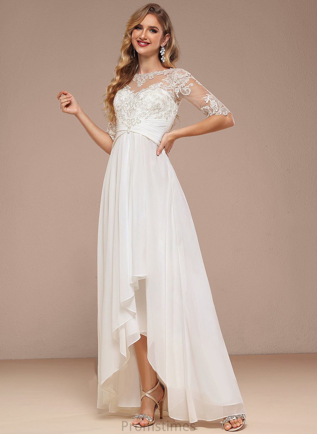 Boat Kaila Asymmetrical Chiffon Neck A-Line Wedding Lace Dress Wedding Dresses