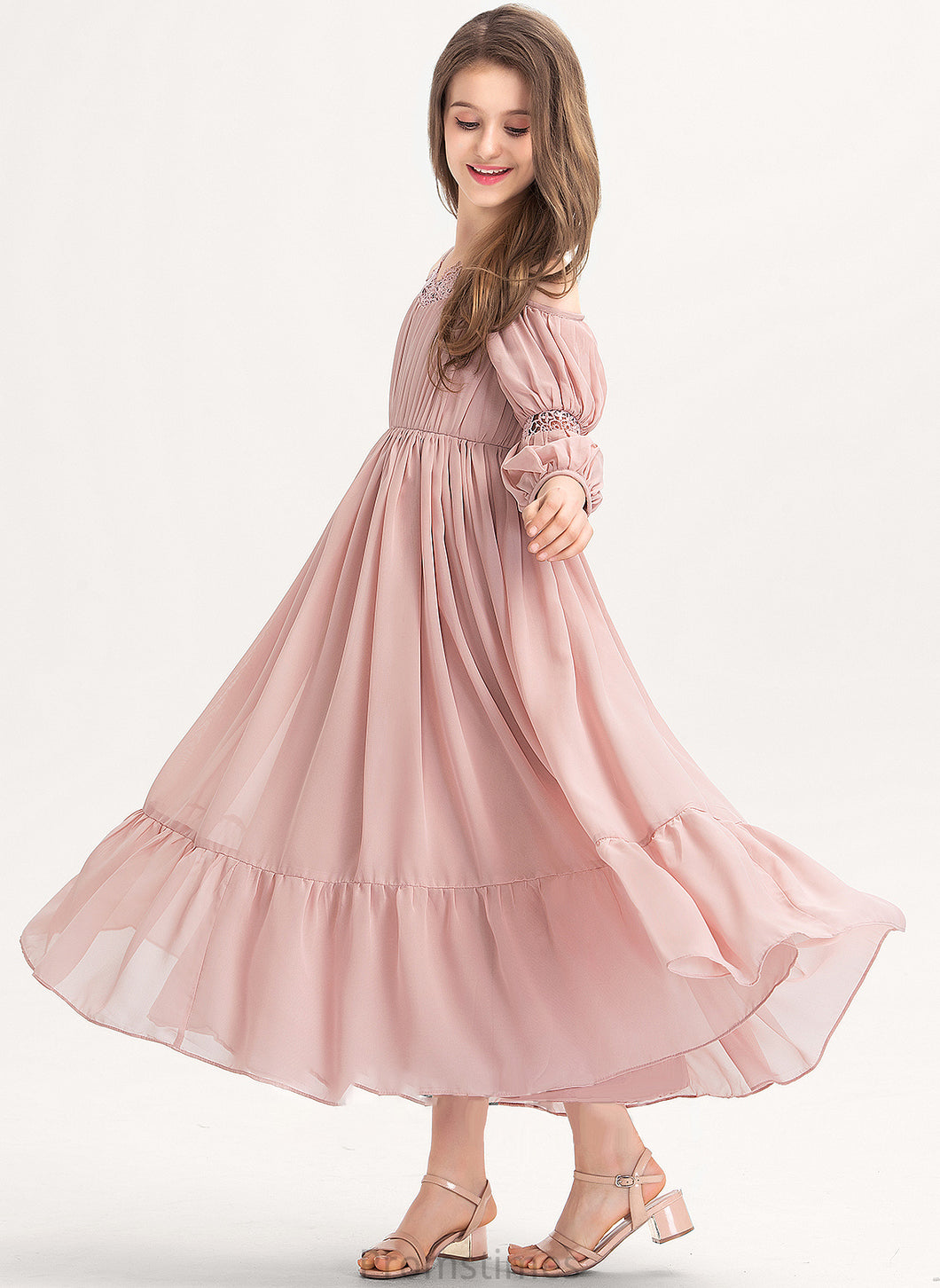 Neckline Chiffon Sal With Junior Bridesmaid Dresses Lace Ruffle A-Line Ankle-Length Square