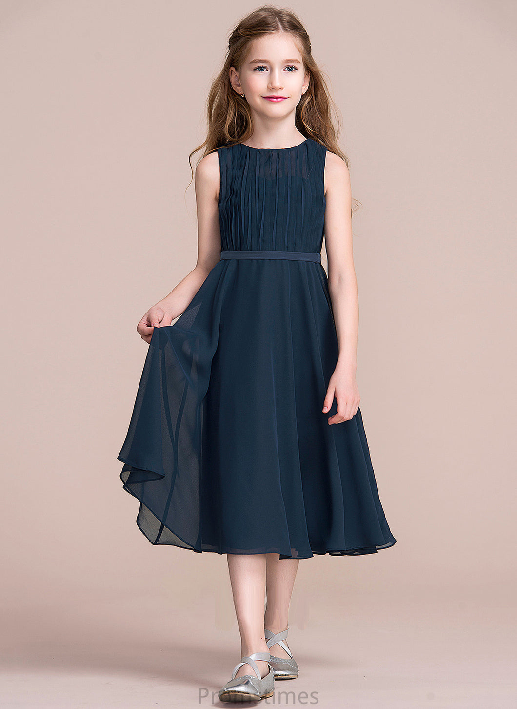 A-Line Tea-Length Scoop Ruffle Neck Chiffon With Michelle Junior Bridesmaid Dresses