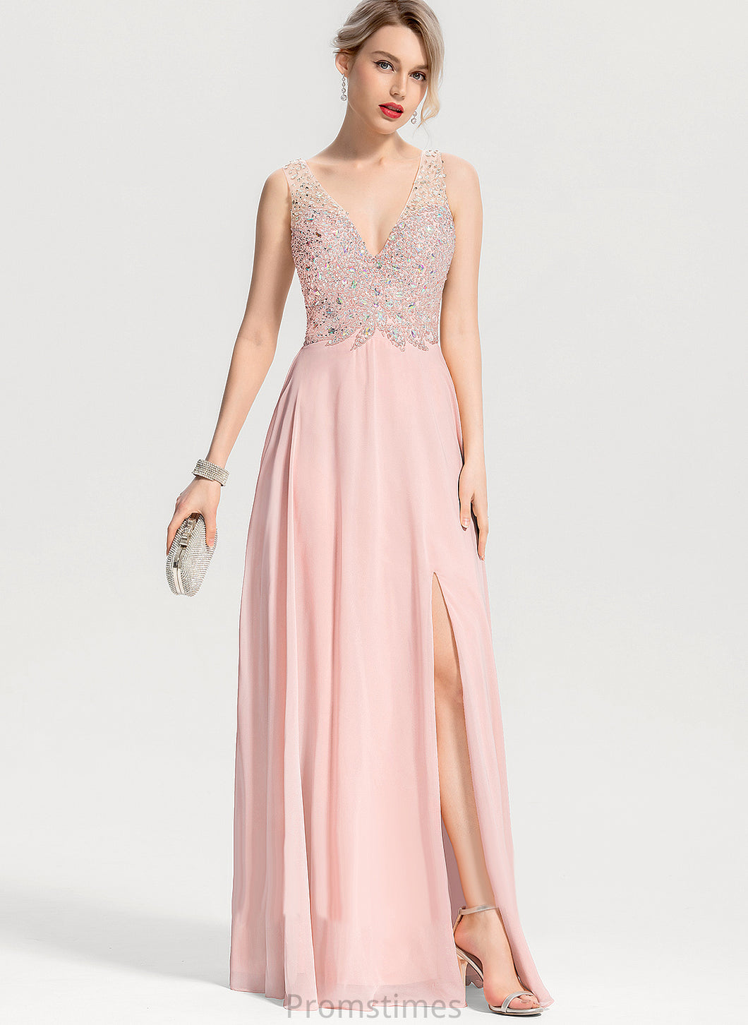 A-Line With Mariah Beading Prom Dresses V-neck Floor-Length Chiffon Sequins