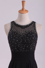 Load image into Gallery viewer, 2024 Black Open Back Prom Dresses Scoop A Line Chiffon With Beading