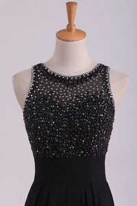 2024 Black Open Back Prom Dresses Scoop A Line Chiffon With Beading