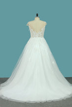 Load image into Gallery viewer, 2024 A Line Tulle Cap Sleeve Scoop Wedding Dresses With Applique Court Train