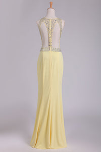 2024 Sexy Open Back Scoop A Line Floor Length Prom Dresses Spandex With Beading