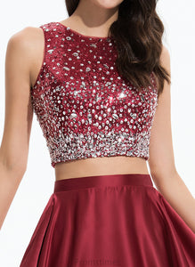 Sequins Satin Prom Dresses Scoop Neck Floor-Length A-Line Beading Alisa With