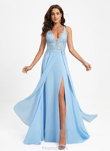 With A-Line Lace Floor-Length Chiffon Lydia V-neck Prom Dresses