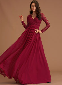 A-Line V-neck Zoey With Floor-Length Lace Chiffon Prom Dresses