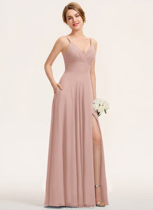 V-neck Ruffle Chiffon Prom Dresses A-Line Amber Floor-Length With