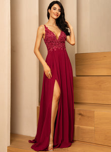 Floor-Length V-neck Chiffon With Prom Dresses Mattie Sequins A-Line