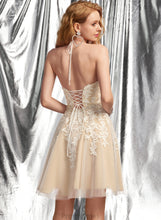 Load image into Gallery viewer, Lace A-Line With Tamara Tulle Sequins Prom Dresses Halter Beading Short/Mini