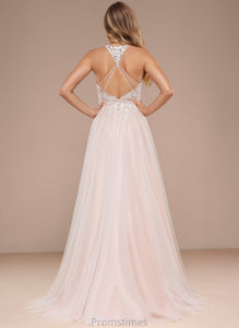 Sequins Train Tulle Sweep With Halter Dress Beading A-Line Wedding Lace Wedding Dresses Kaylah