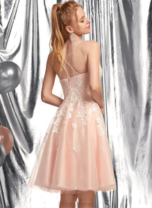 Sequins Prom Dresses Knee-Length With A-Line Tulle Square Larissa Beading Neckline