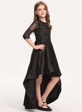 Load image into Gallery viewer, Scoop With Lace Satin Imani Ruffle Junior Bridesmaid Dresses Asymmetrical A-Line Neck