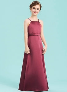 A-Line Satin Jenna Bow(s) Neckline Floor-Length Junior Bridesmaid Dresses With Square